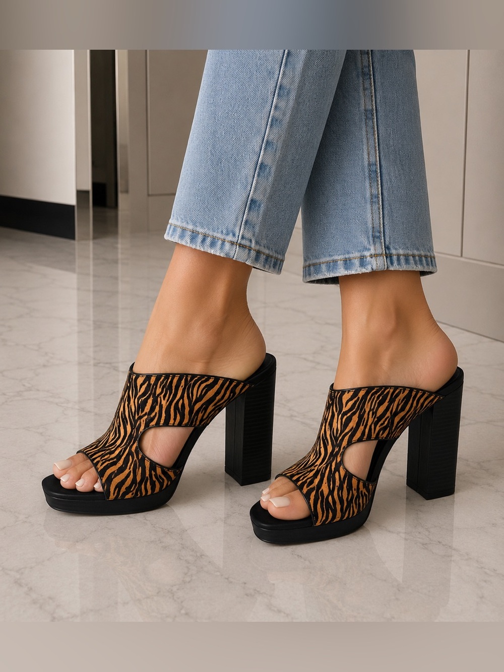 Express Tiger-Print Mule Sandals in Black and Brown